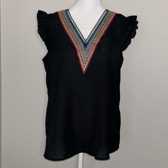 SHEIN Rainbow ๐ Embellished Neckline Top with Ruffle Sleeves Size Small - Picture 1 of 6